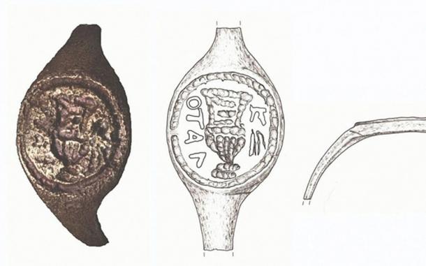 Las imágenes y los bocetos asociados del anillo de sellado que se piensa han pertenecido a Poncio Pilato (Dibujo: J. Rodman; Foto: C. Amit, Departamento Fotográfico de la IAA, a través de la Universidad Hebrea)