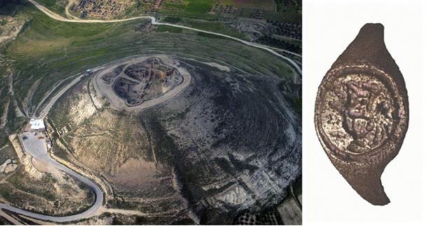 El anillo (derecha) fue encontrado en las excavaciones de la fortaleza de Herodes hace 50 años. (Izquierda; Dominio público . Derecha; C. Amit, a través de la Universidad Hebrea)