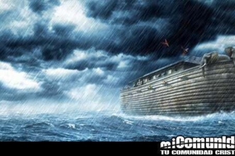 Imagen muestra el mar an caos con ;a barca de Noe