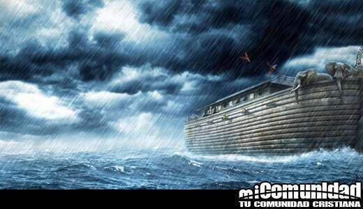 Imagen muestra el mar an caos con ;a barca de Noe